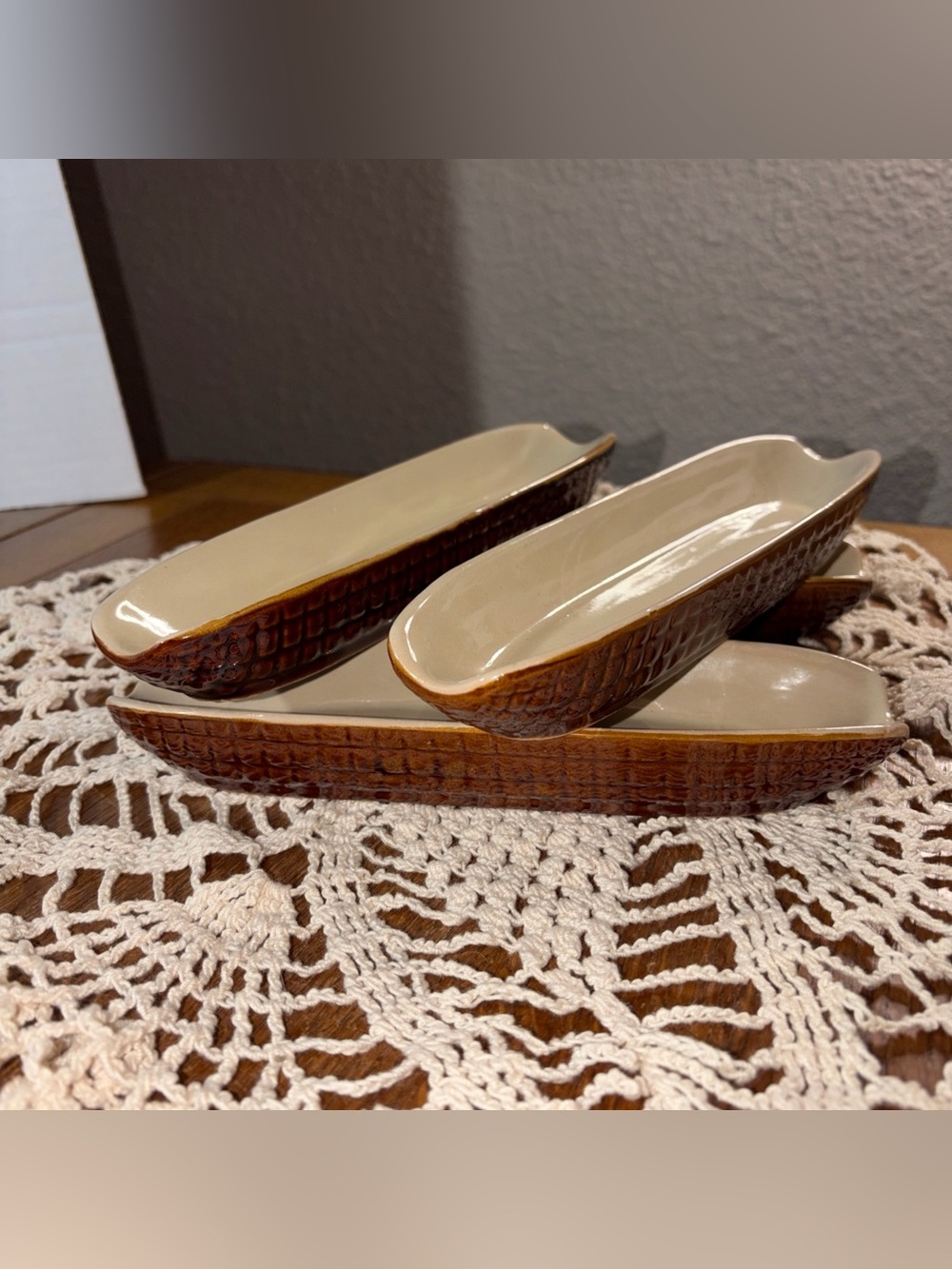 Vintage CORN ON THE COB Holders Brown & Tan Glazed Heavy Ceramic ~ Set Of 4
